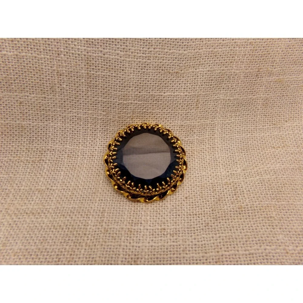 Vintage Blue Crystal Faceted Round Brooch Made in Austria